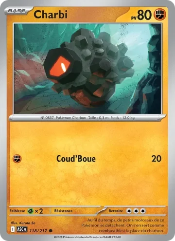 Carte Pokémon Charbi 118/217, extension Héros Transcendants