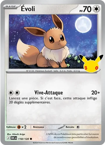 Carte Pokémon Évoli 118/128, extension Pokémon 30e Anniversaire