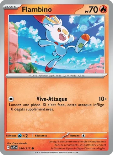 Carte Pokémon Flambino 036/217, extension Héros Transcendants