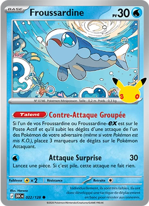 Carte Pokémon Froussardine 022/128 du set 30e Anniversaire
