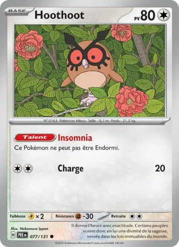 Carte Pokémon Hoothoot 077/131, extension Évolutions Prismatiques