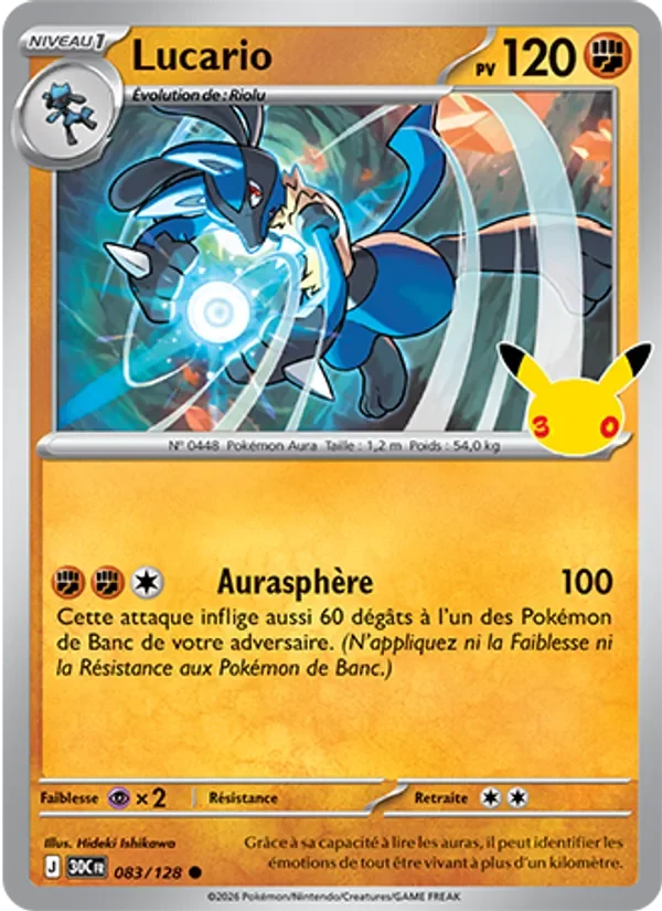 Carte Pokémon Lucario 083/128 du set 30e Anniversaire