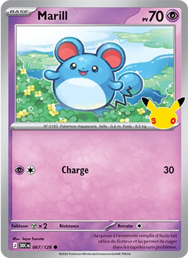 Carte Pokémon Marill 067/128 du set 30e Anniversaire