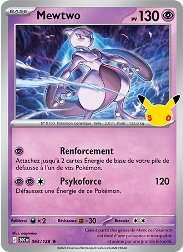 Carte Pokémon Mewtwo 063/128 du set 30e Anniversaire