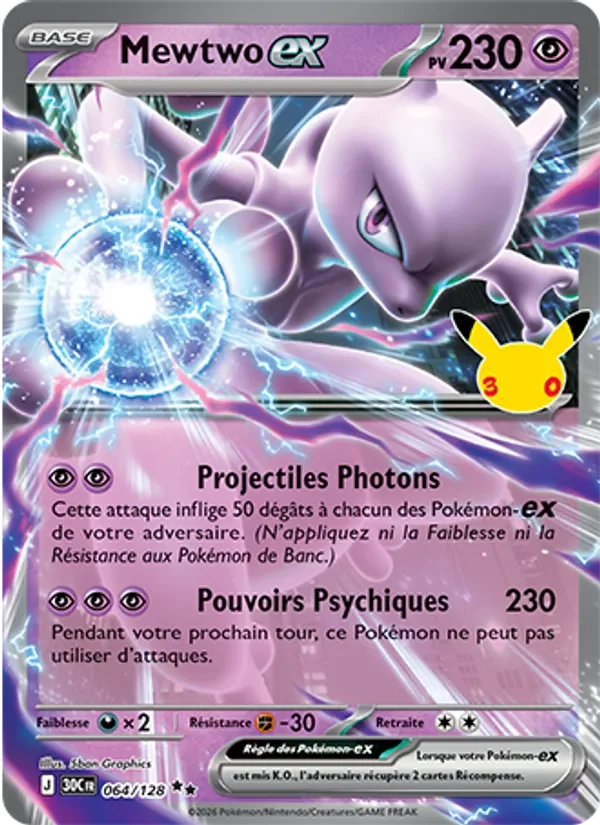 Carte Pokémon Mewtwo-ex 064/128 du set 30e Anniversaire