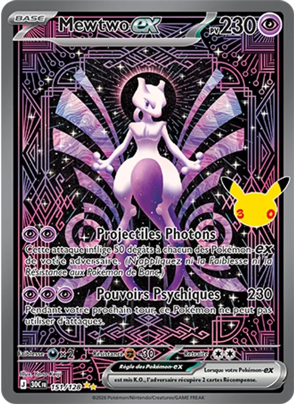 Carte Pokémon Mewtwo-ex 151/128 du set 30e Anniversaire