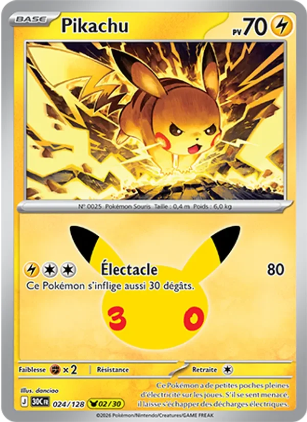 Carte Pokémon Pikachu 024/128 du set 30e Anniversaire