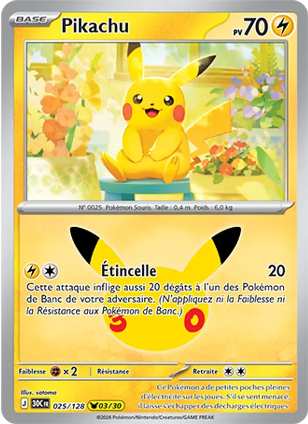 Carte Pokémon Pikachu 025/128 du set 30e Anniversaire