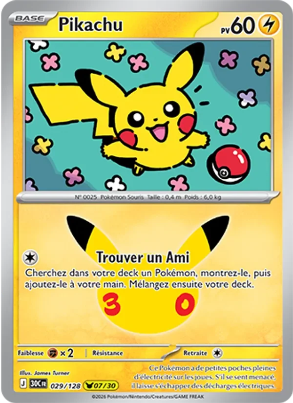 Carte Pokémon Pikachu 029/128 du set 30e Anniversaire