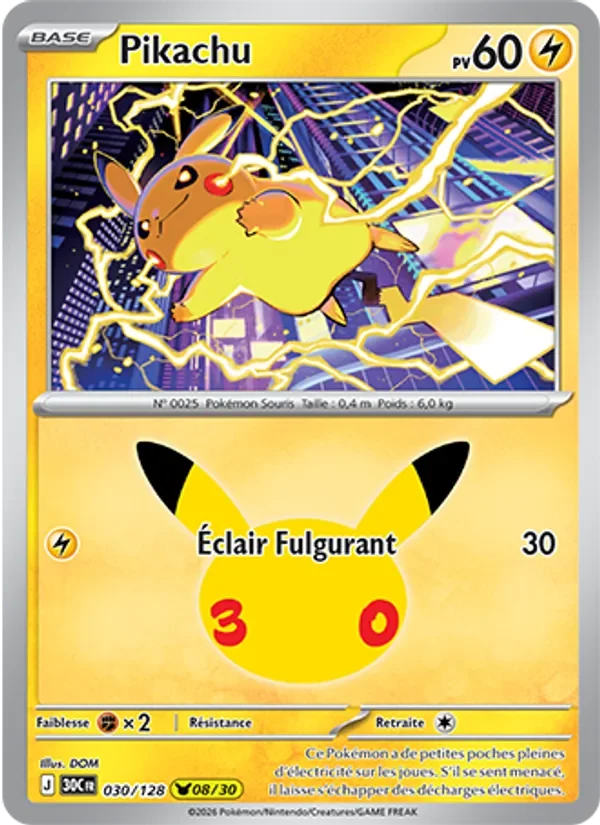 Carte Pokémon Pikachu 030/128 du set 30e Anniversaire