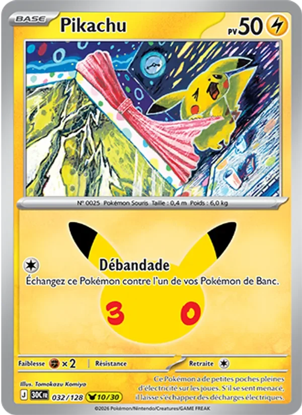 Carte Pokémon Pikachu 032/128 du set 30e Anniversaire