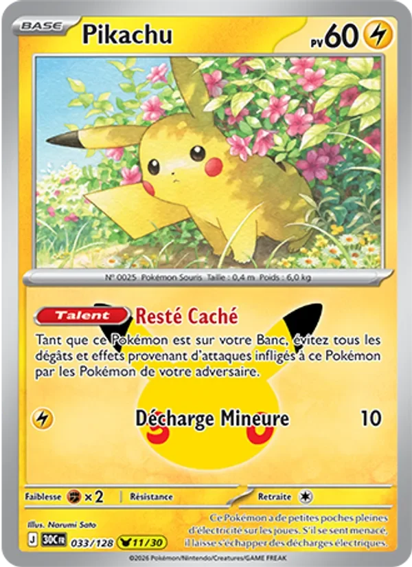 Carte Pokémon Pikachu 033/128 du set 30e Anniversaire