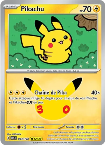 Carte Pokémon Pikachu 034/128, extension Pokémon 30e Anniversaire