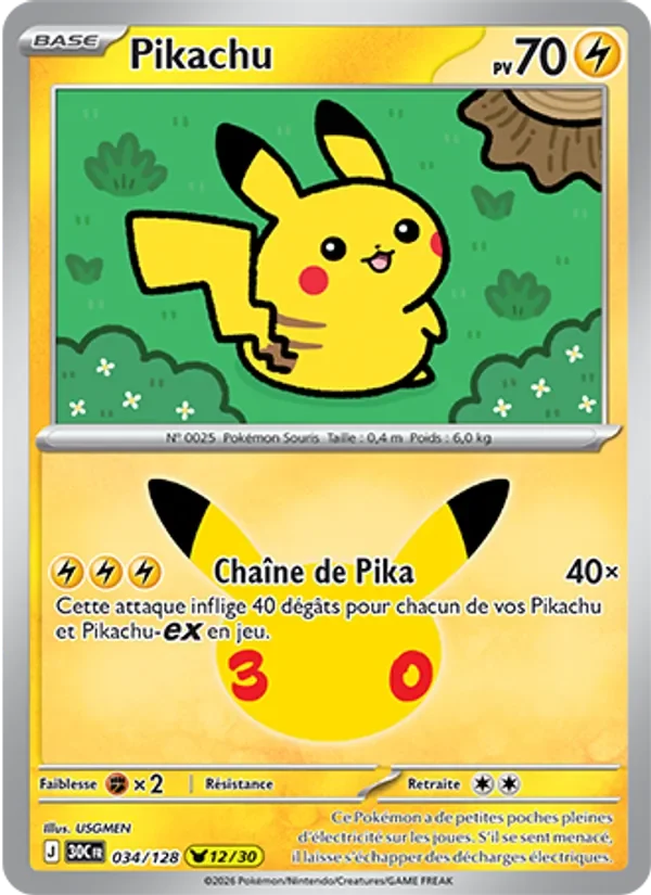 Carte Pokémon Pikachu 034/128 du set 30e Anniversaire
