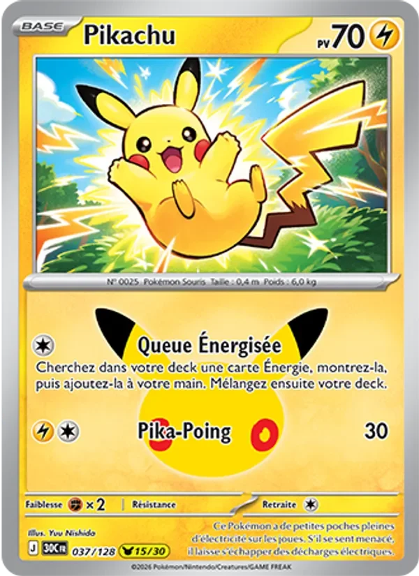Carte Pokémon Pikachu 037/128 du set 30e Anniversaire