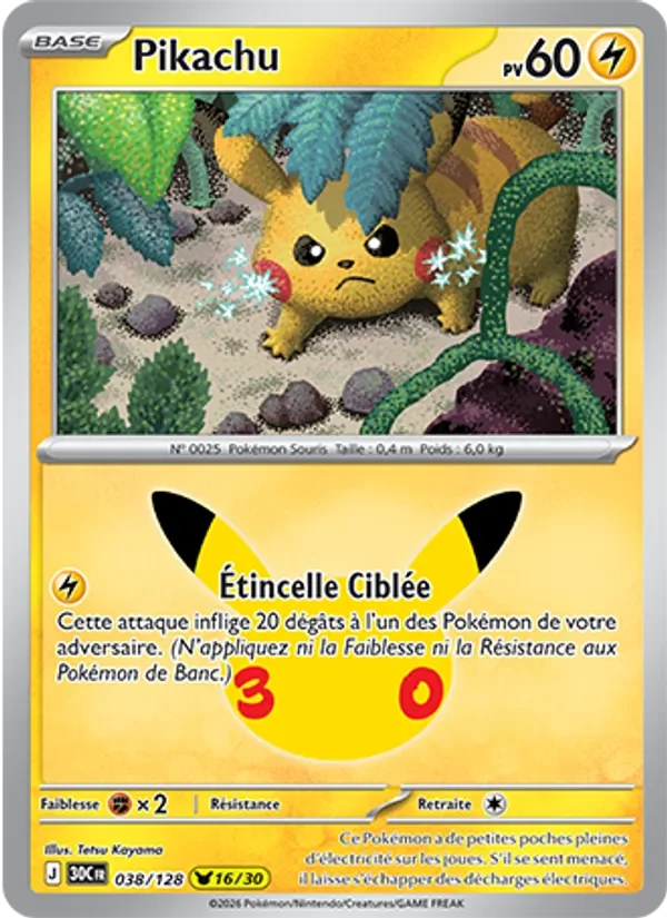 Carte Pokémon Pikachu 038/128 du set 30e Anniversaire