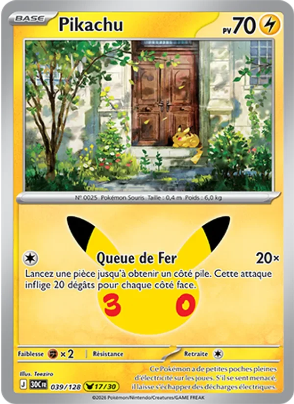 Carte Pokémon Pikachu 039/128 du set 30e Anniversaire