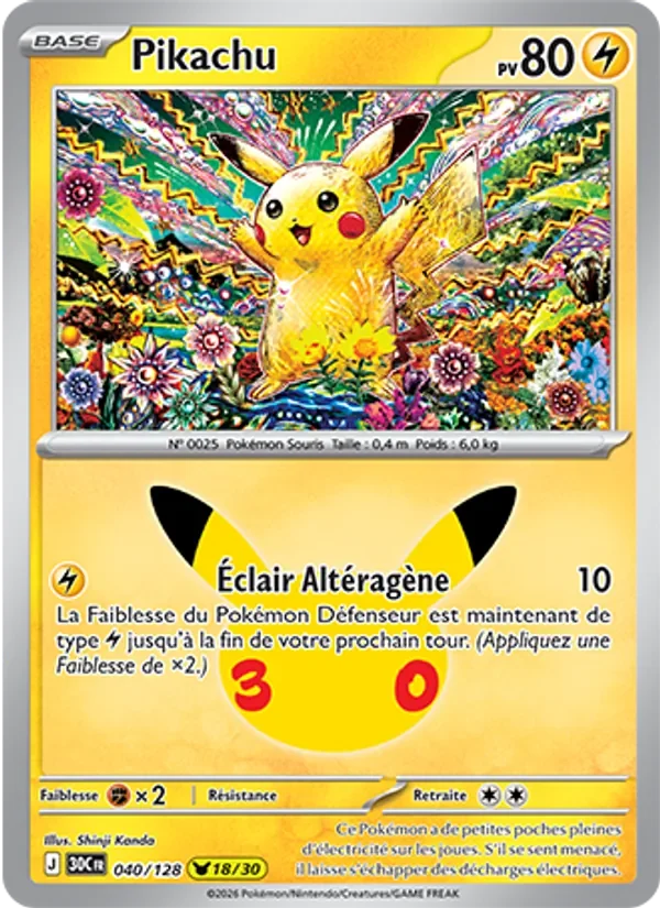 Carte Pokémon Pikachu 040/128 du set 30e Anniversaire