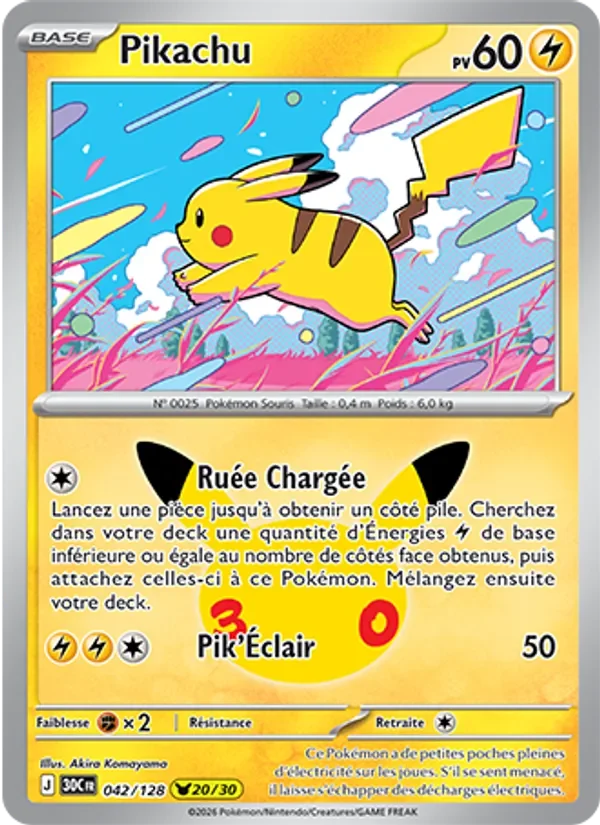 Carte Pokémon Pikachu 042/128 du set 30e Anniversaire