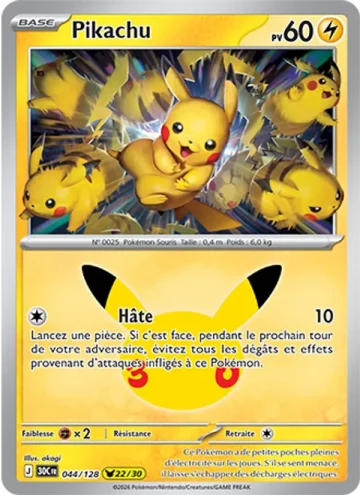 Carte Pokémon Pikachu 044/128, extension Pokémon 30e Anniversaire