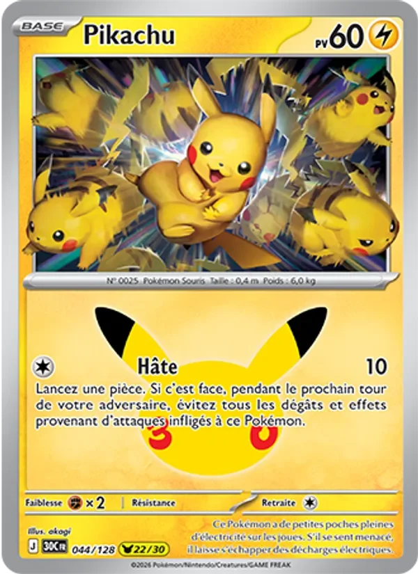 Carte Pokémon Pikachu 044/128 du set 30e Anniversaire
