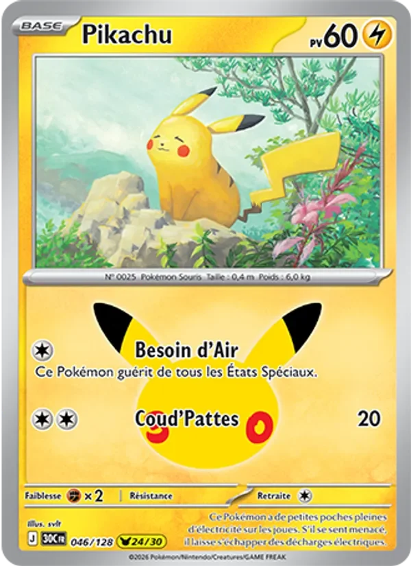 Carte Pokémon Pikachu 046/128 du set 30e Anniversaire