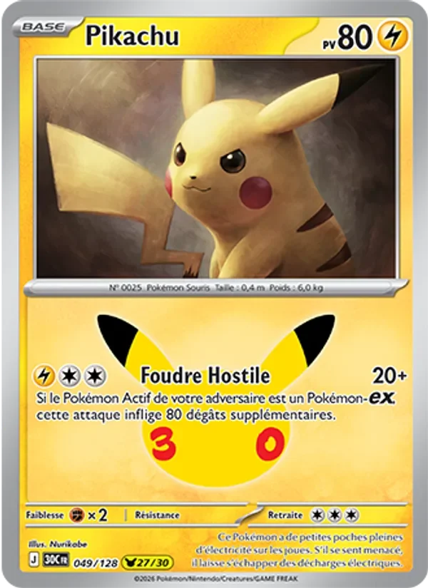 Carte Pokémon Pikachu 049/128 du set 30e Anniversaire