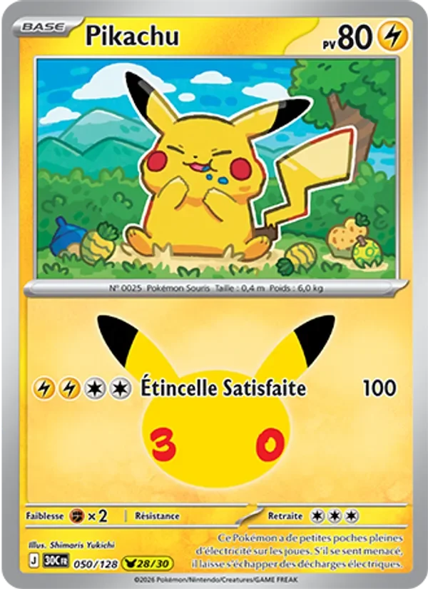 Carte Pokémon Pikachu 050/128 du set 30e Anniversaire