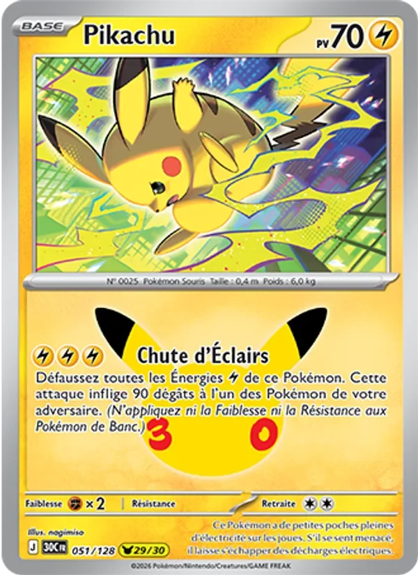 Carte Pokémon Pikachu 051/128 du set 30e Anniversaire