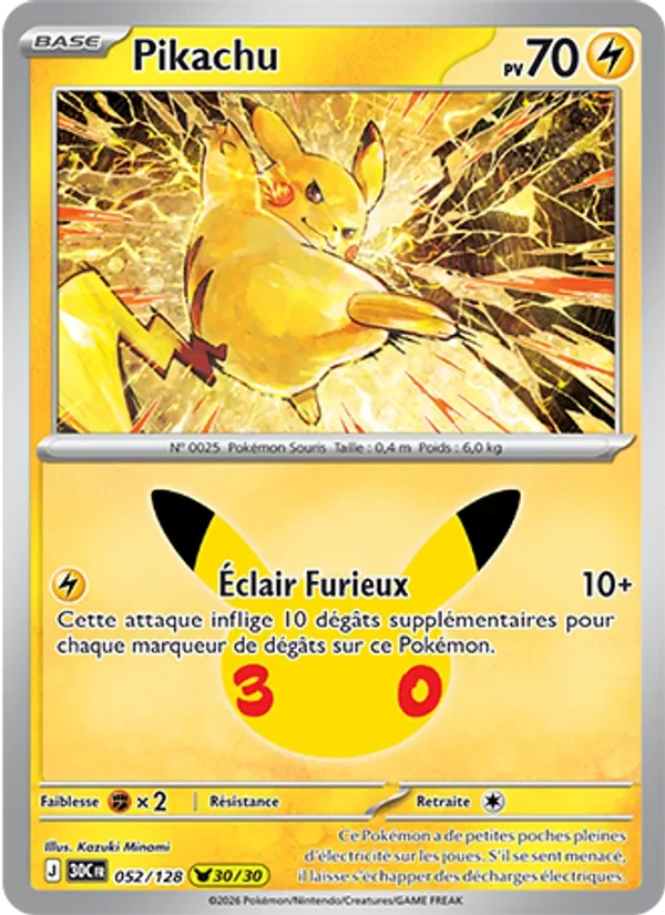 Carte Pokémon Pikachu 052/128 du set 30e Anniversaire