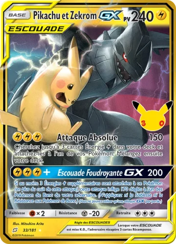 Carte Pokémon Pikachu et Zekrom GX 33/181, extension Pokémon 30e Anniversaire