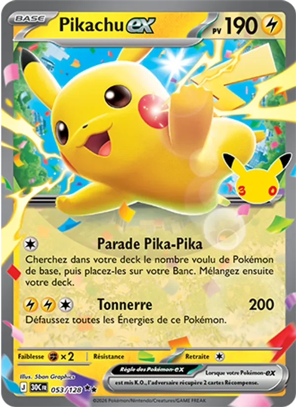 Carte Pokémon Pikachu-ex 053/128 du set 30e Anniversaire