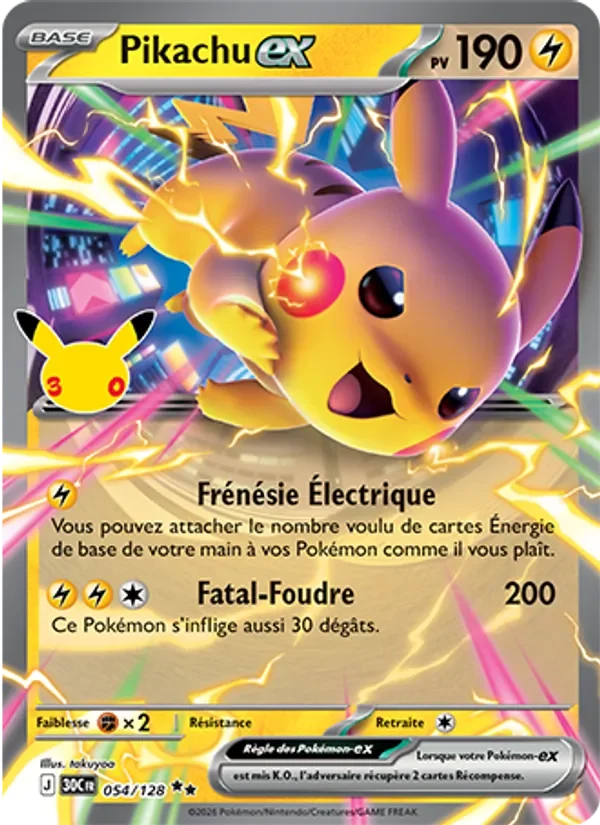 Carte Pokémon Pikachu-ex 054/128 du set 30e Anniversaire