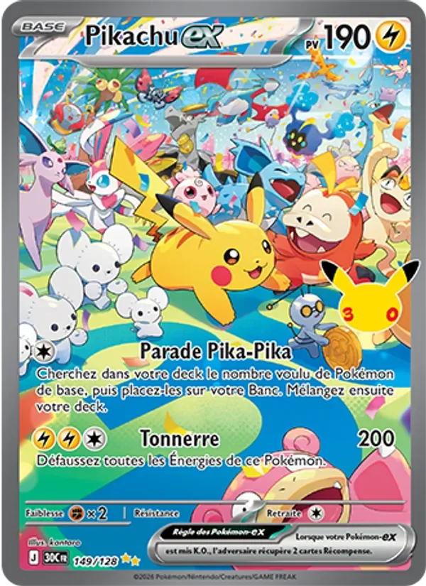 Carte Pokémon Pikachu-ex 149/128 du set 30e Anniversaire