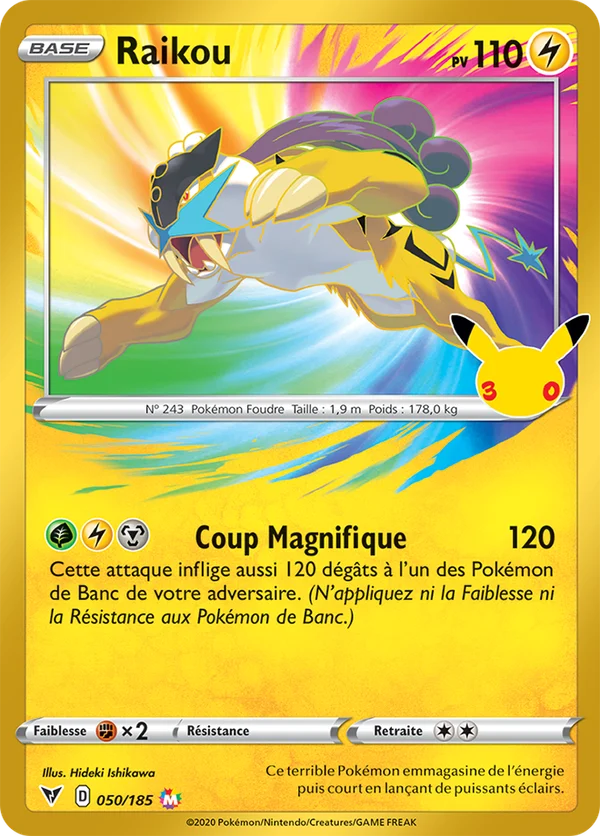 Carte Pokémon Raikou 050/185 du set 30e Anniversaire