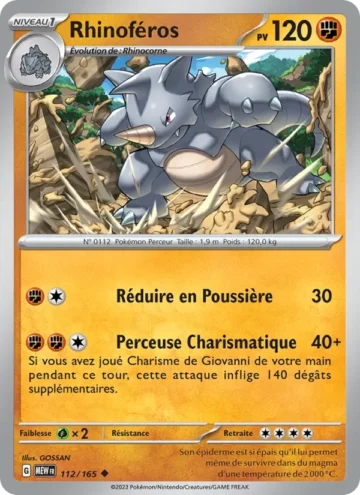 Carte Pokémon Rhinoféros 112/165, extension 151