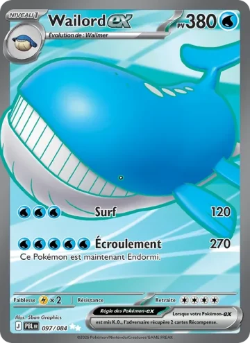Carte Pokémon Wailord-ex 097/084, extension Nuit Noire