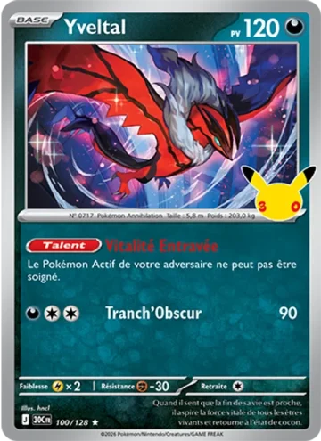 Carte Pokémon Yveltal 100/128, extension Pokémon 30e Anniversaire