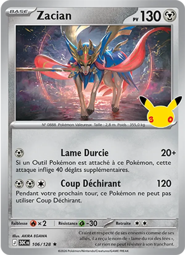 Carte Pokémon Zacian 106/128 du set 30e Anniversaire
