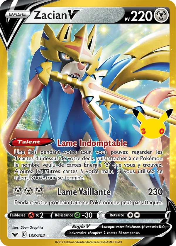 Carte Pokémon Zacian-V 138/202 du set 30e Anniversaire