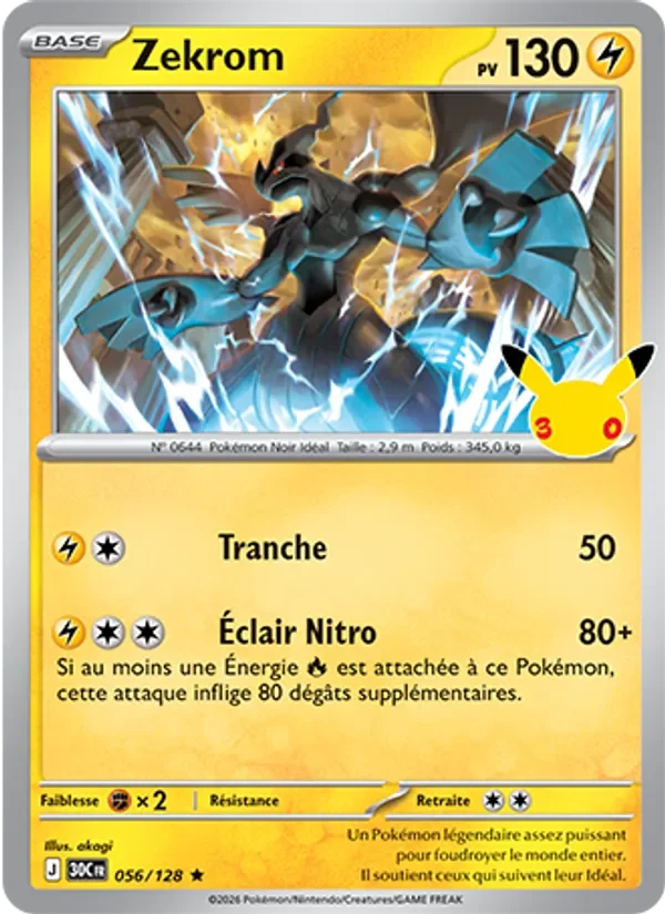 Carte Pokémon Zekrom 056/128 du set 30e Anniversaire