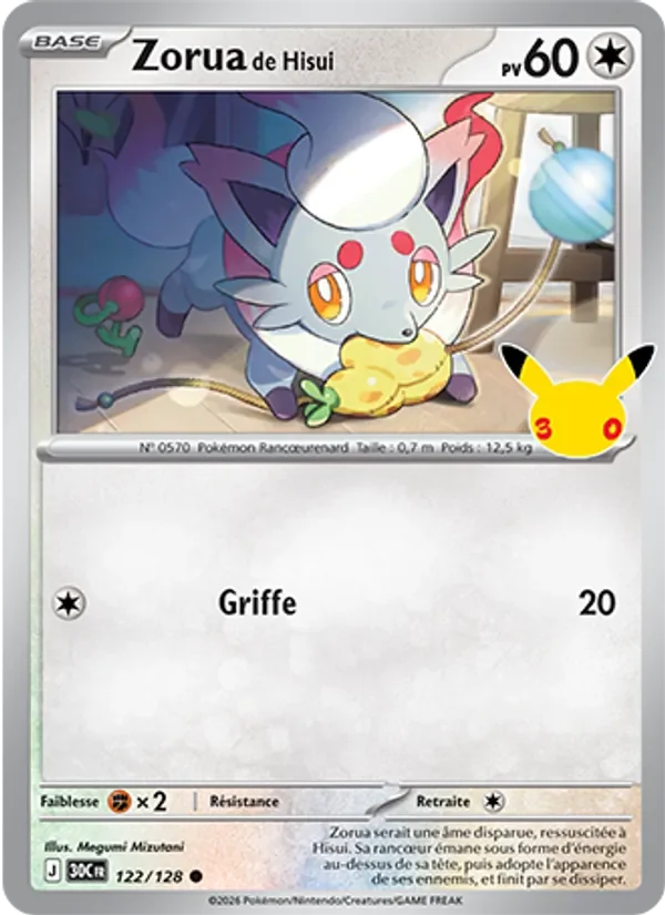 Carte Pokémon Zorua de Hisui 122/128 du set 30e Anniversaire
