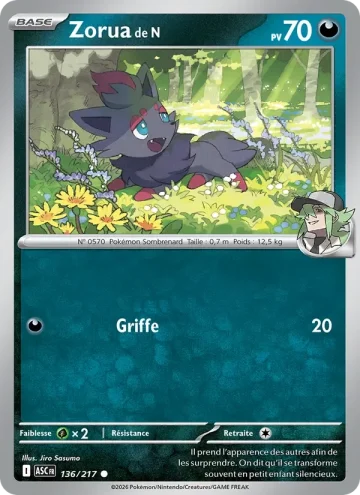 Carte Pokémon Zorua de N 136/217, extension Héros Transcendants