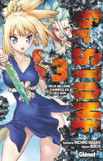 Couverture du manga Dr. Stone Tome 3, « Deux millions d'années en lieu sûr »
