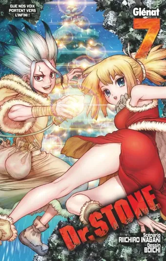 Couverture du manga Dr. Stone Tome 7, « Que nos voix portent vers l'infini ! »