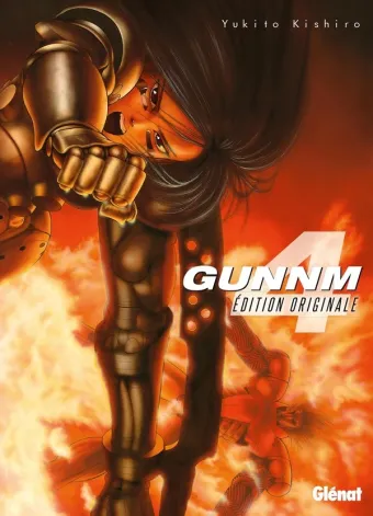 Couverture du manga Gunnm Tome 4, « L'homme qui se dressait parmi les flammes »