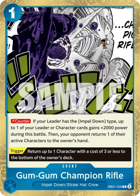 Carte One Piece Gum-Gum Champion Rifle EB01-028, extension Memorial Collection (sortie anglaise)