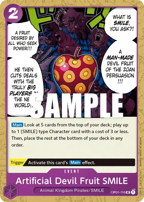 Carte One Piece Artificial Devil Fruit SMILE OP01-116, extension Romance Dawn (sortie anglaise)