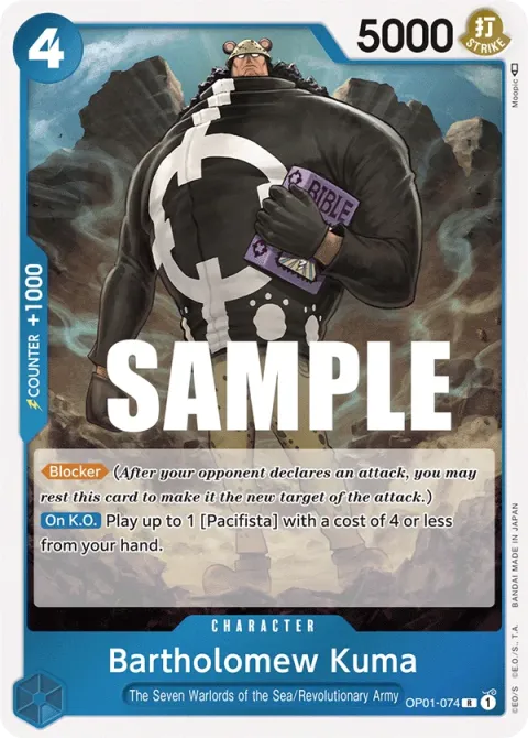 Carte One Piece Bartholomew Kuma OP01-074, extension Romance Dawn (sortie anglaise)