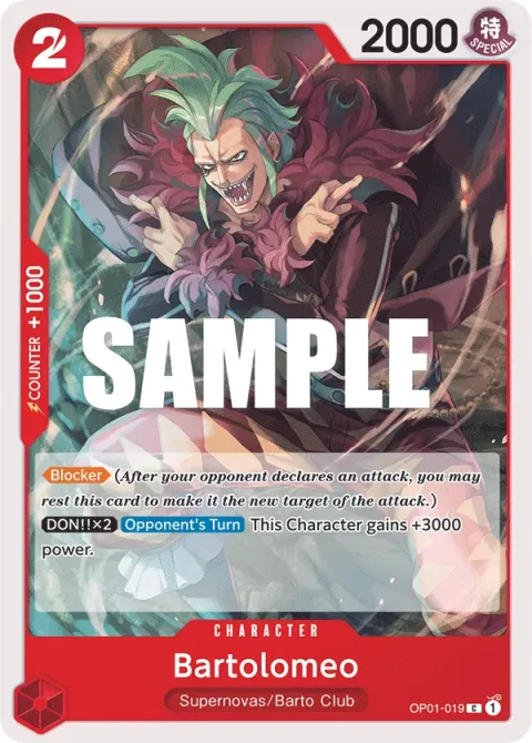 Carte One Piece Bartolomeo OP01-019, extension Romance Dawn (sortie anglaise)